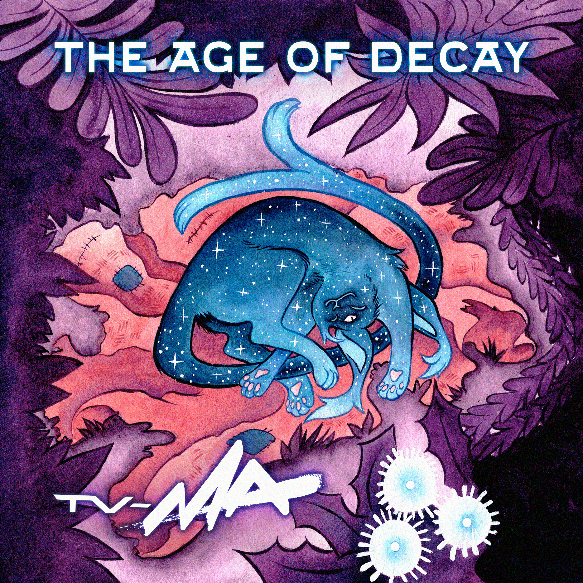 Album cover for The Age of Decay. It is a painting of a space cat laying amongst the brush on a tattered blanket. The cat looks comfortable, sprawled out, with 1 of it's 3 eyes open.